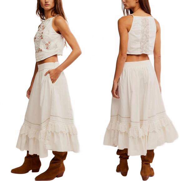 Free People Maeberrie Top & Skirt Set Coord Embroidered NWT Ivory Size Medium - Picture 2 of 9